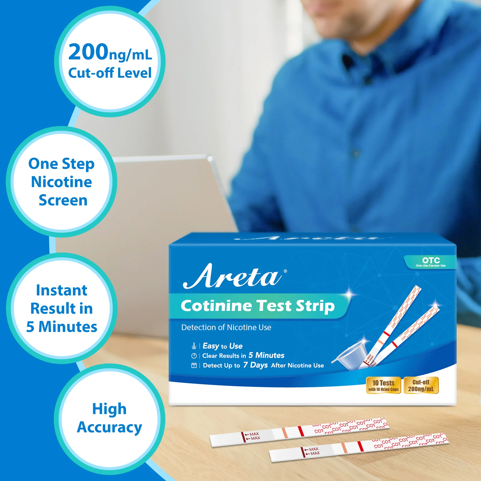 Areta Cotinine Test Strip: Nicotine Tests for Home Continine Urine Screen Test Kits Quick Result in 5 Minutes for Over The Counter Use -Detect 200ng/mL Cutoff Level - # ASCOT-114C (10 Pack) - Image 5