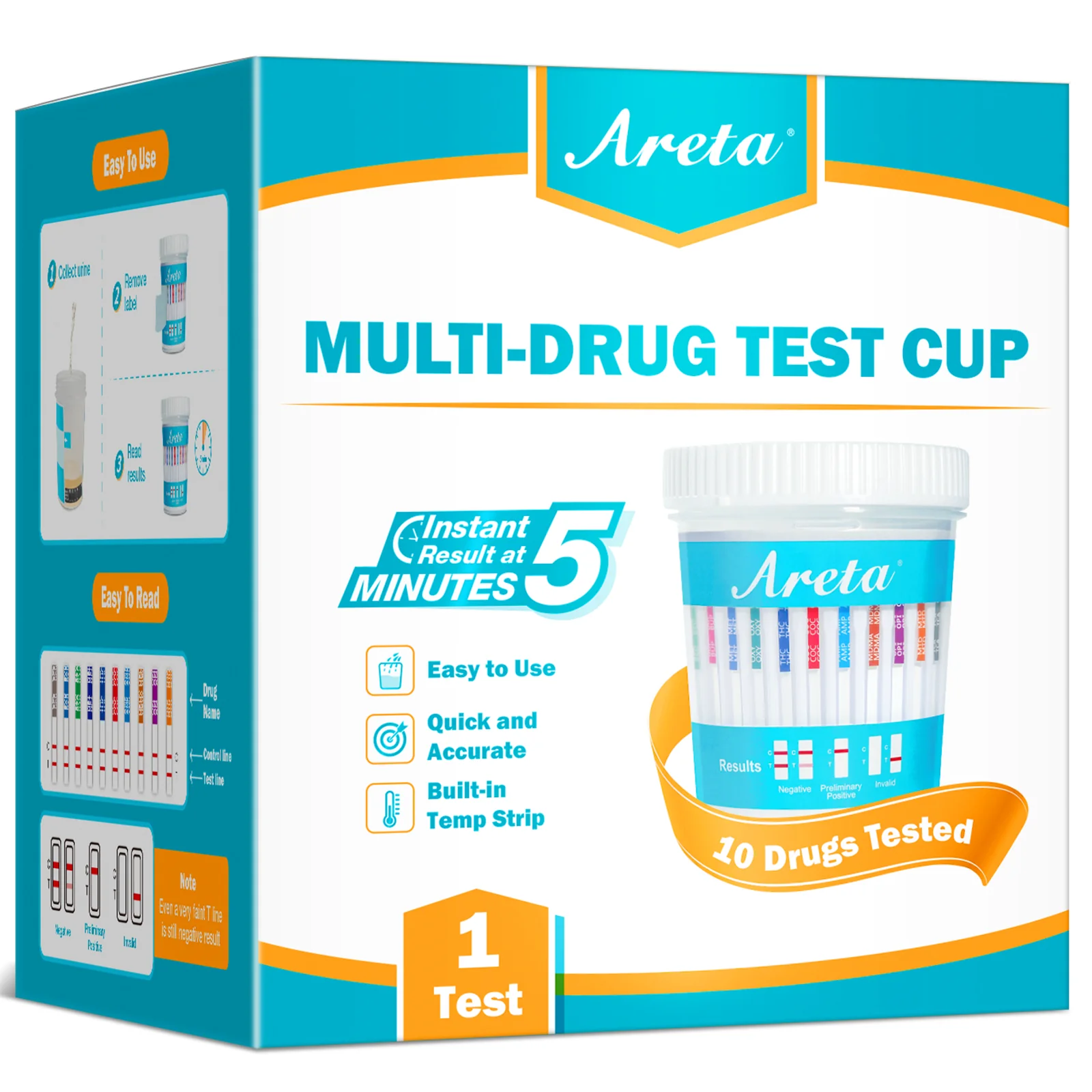 Areta Multi-Drug Test Cup: at Home Urine Drug Tests Kits, Testing for AMP/BZO/COC/THC/MET/MOR/BAR/MDMA/PCP/MTD, Built-in Drug Test Strips Including Sensitive Marijuana Drug Test, #ACDOA2-3104 1Pack