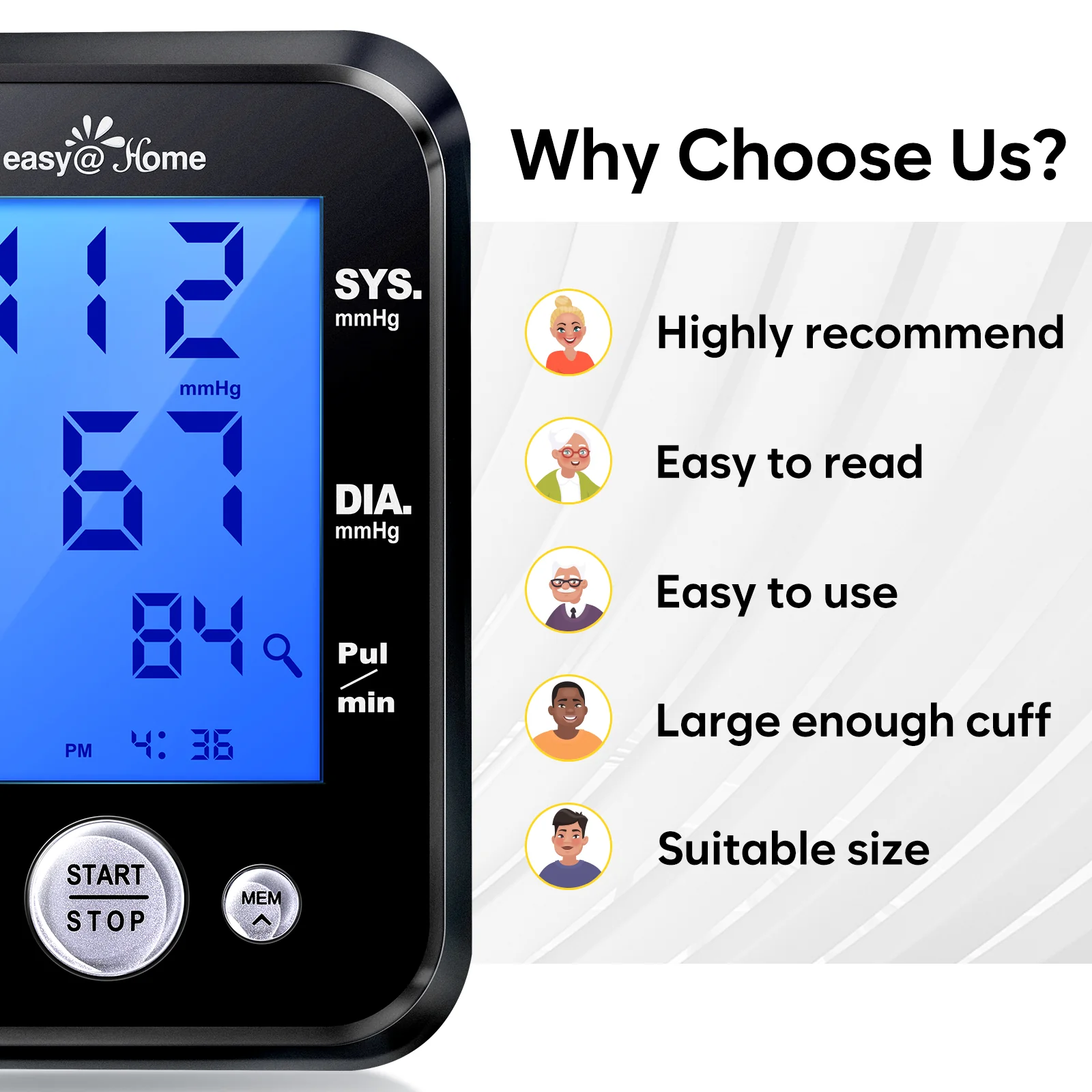Blood Pressure Machine for Home Use: Easy@Home Accurate Cuff Automatic Blood Pressure Monitor - 3 Color Backlit Display 8.7”-16.5” Large Cuff Irregular Heartbeat Indicator Pulse Meter EBP-095 Black - Image 4