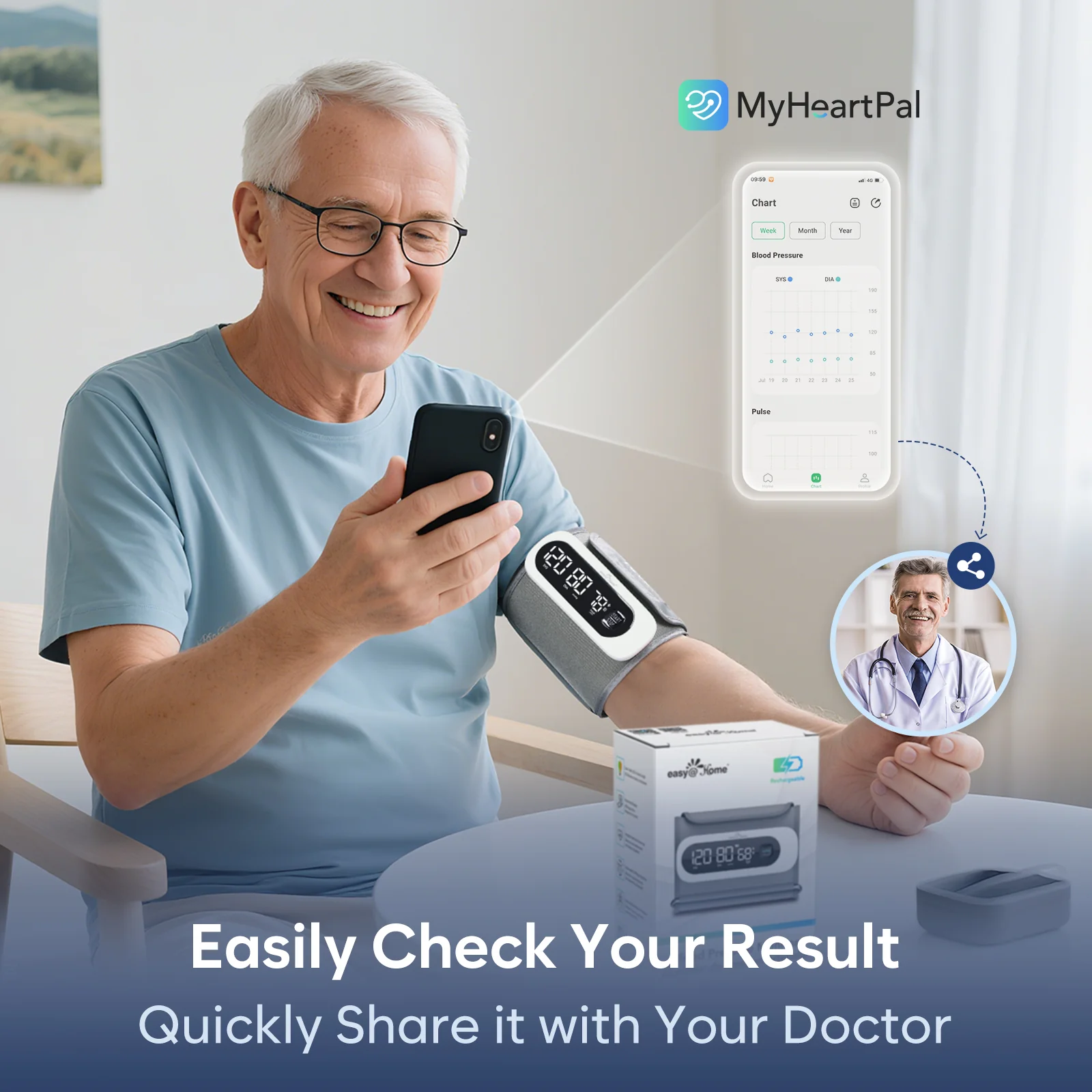 Bluetooth Wireless Blood Pressure Monitor for Home Use: Easy@Home Rechargeable BP Machine with Large Cuff, Free MyHeartPal App, One-Piece Design, Compact & Portable, iOS & Android Compatible, EBP-96B - Image 3