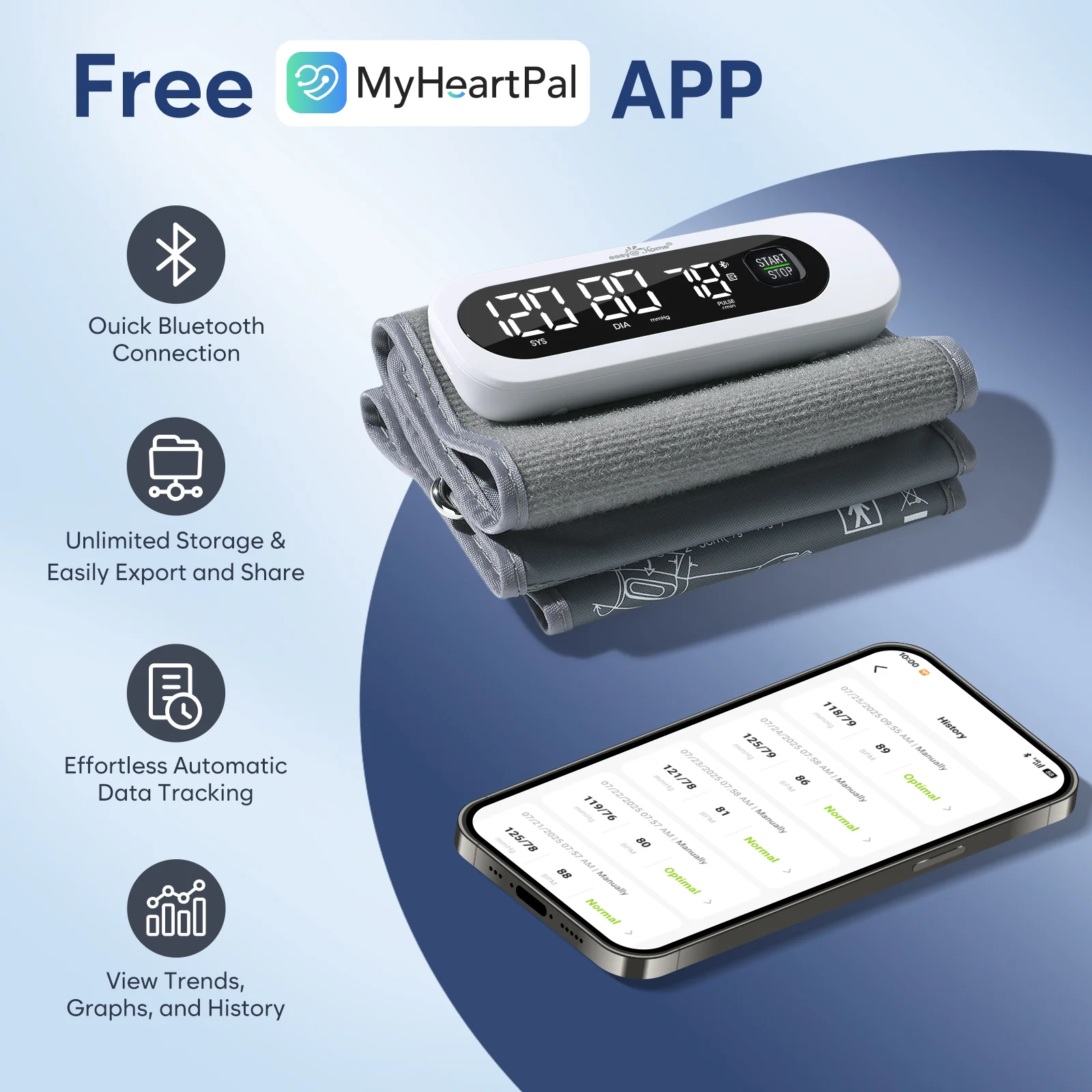 Bluetooth Wireless Blood Pressure Monitor for Home Use: Easy@Home Rechargeable BP Machine with Large Cuff, Free MyHeartPal App, One-Piece Design, Compact & Portable, iOS & Android Compatible, EBP-96B - Image 4