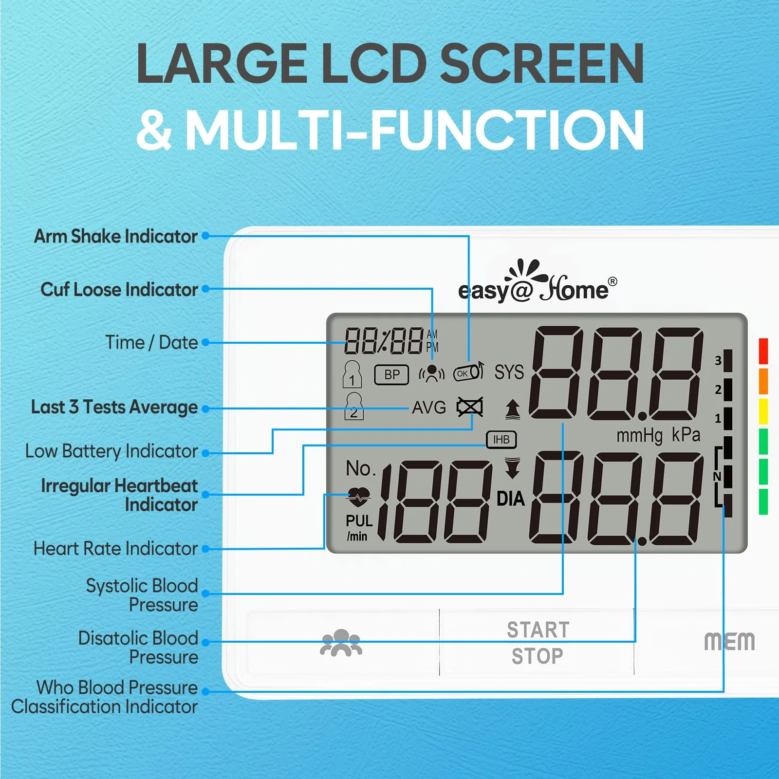 Easy@Home Blood Pressure Monitors for Home Use: Accurate Upper Arm BP Machine with Large Cuff | Automatic Tensiometre with Large LCD Display | 2 Users | Dual Power Supply | No Bluetooth - Image 4