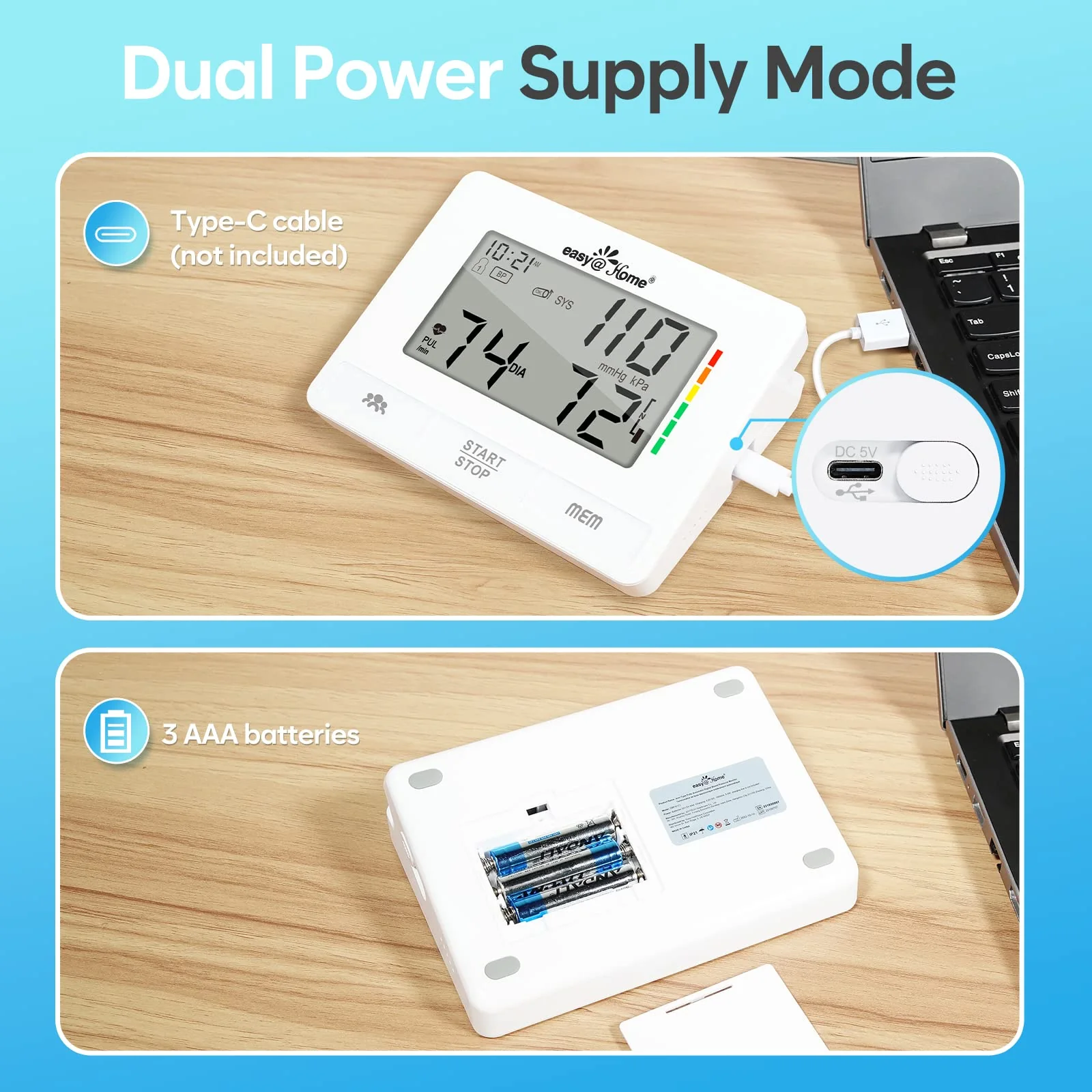 Easy@Home Blood Pressure Monitors for Home Use: Accurate Upper Arm BP Machine with Large Cuff | Automatic Tensiometre with Large LCD Display | 2 Users | Dual Power Supply | No Bluetooth - Image 6