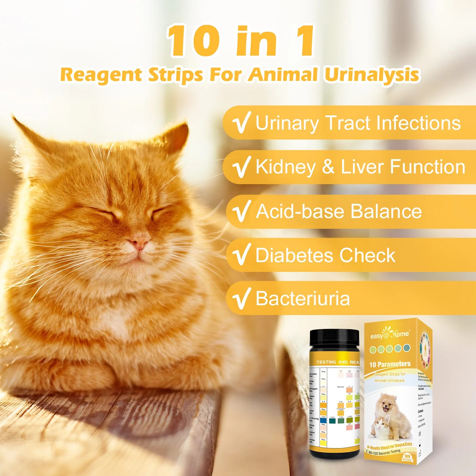 Easy@Home Pet Urine Tests: Vet-10 Urine Test Strips for Dogs & Cats 10 Parameters Animal Urinalysis Reagent Strips - Detect Urinary Tract Infection UTI Diabetes Bladder Kidney Liver Function 100 Counts - Image 3