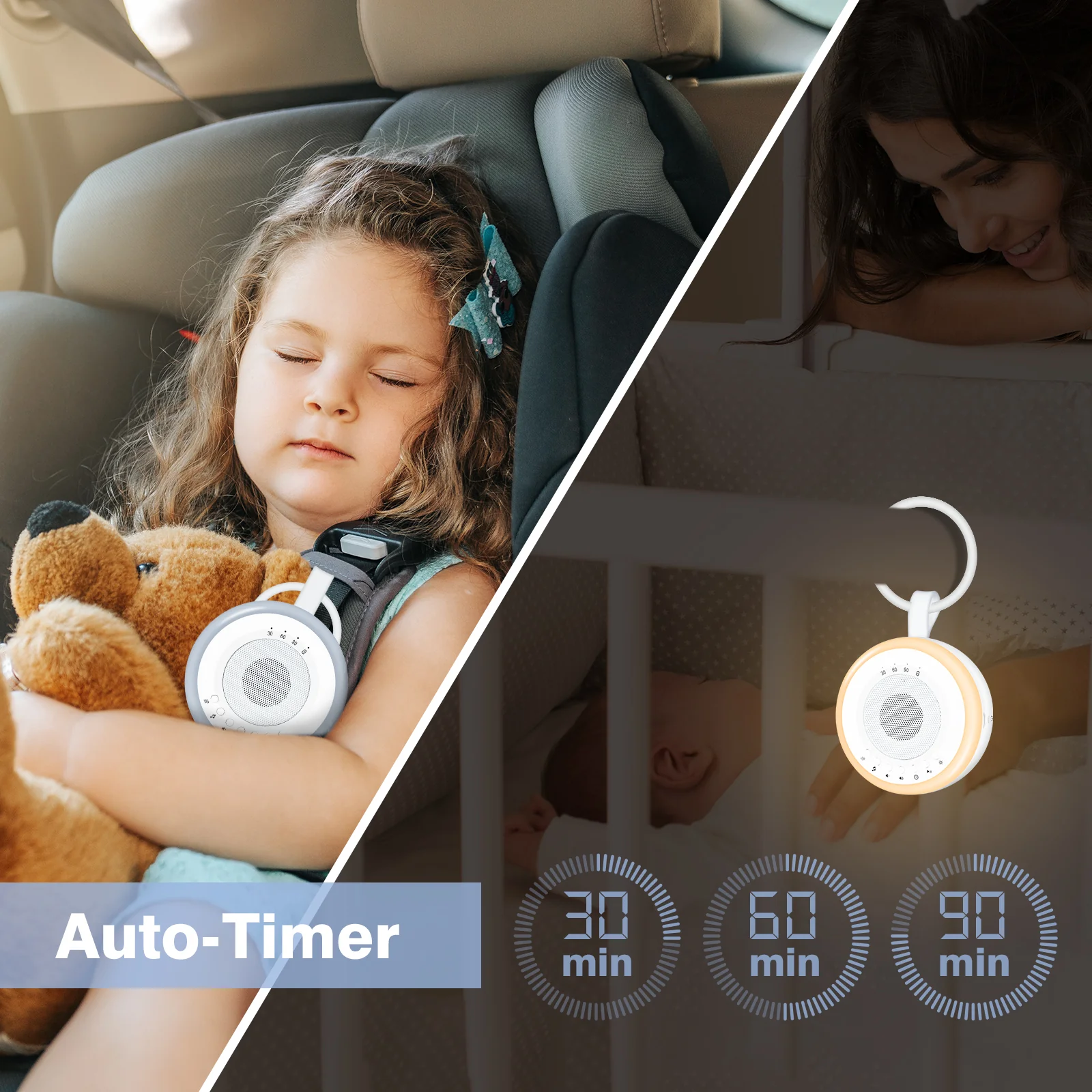 Portable Baby White Noise Sound Machine: Easy@Home 2 in 1 Soother & Night Light | 16 Soothing Lullaby Sounds & Natural Sounds & 3 Timer Settings for Travel | USB Rechargeable | Easy Hanging | GM-02 - Image 5