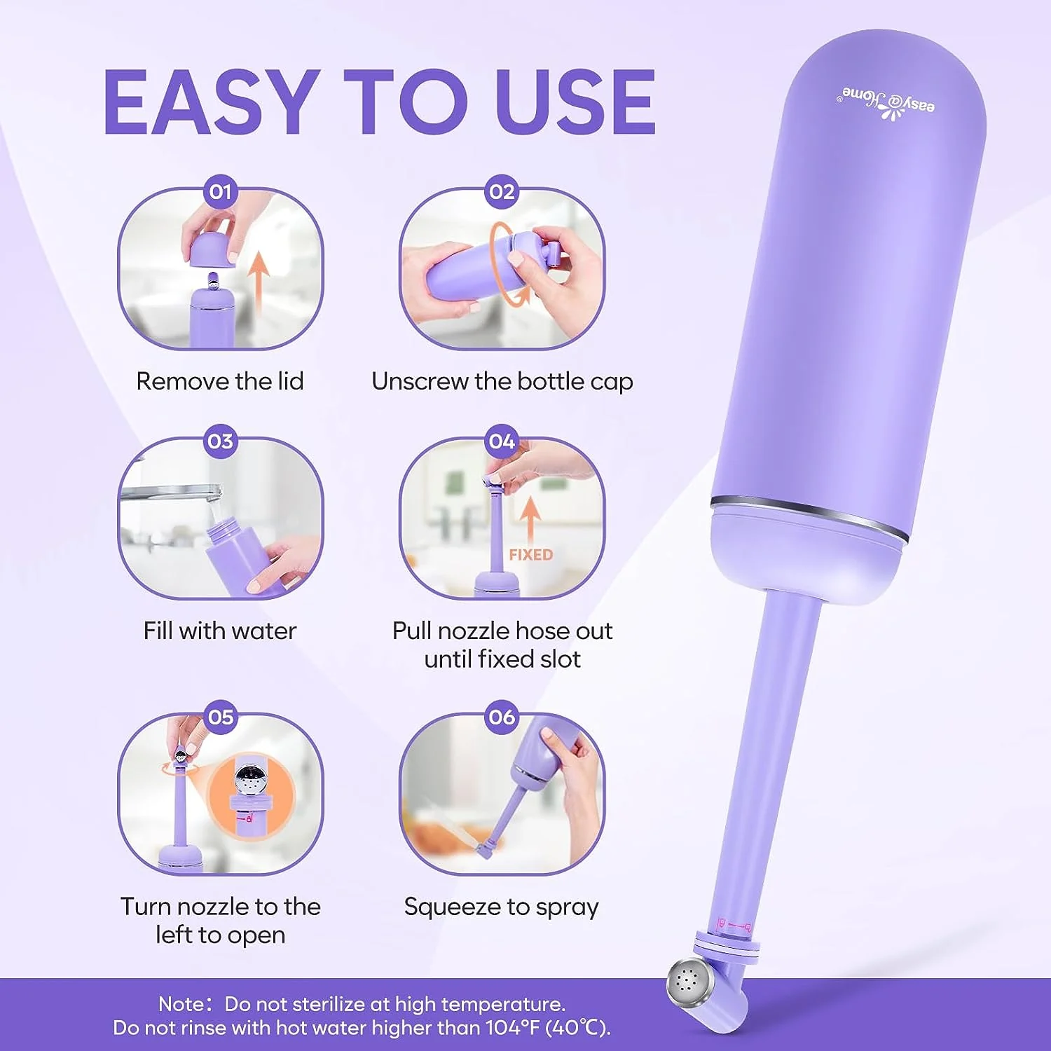 Portable Peri Bottle for Postpartum & Perineal Care: Easy@Home Handheld Bidet Perfect for Personal Hygiene Cleaning & Travel Friendly | 380ml Leakproof & Convenient Design | EPB-01 Purple - Image 2