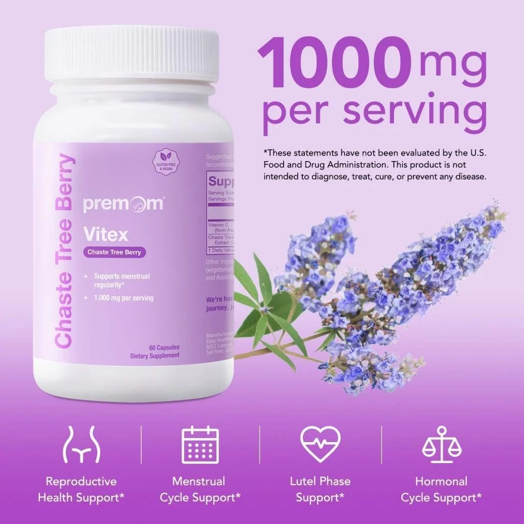 Premom Vitex, 1,000mg Per Serving, Vitex Chasteberry Supplement for Women, 2-in-1 with Fat Soluble Vitamin C, Hormone Balance, Fertility, Menstrual Cycle, & PMS Support*, Vegan, 60 Veggie Capsules - Image 2