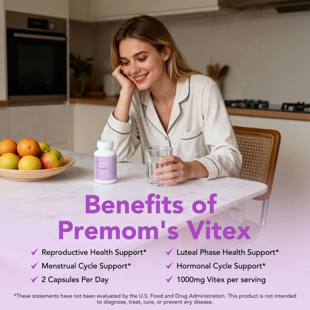 Premom Vitex, 1,000mg Per Serving, Vitex Chasteberry Supplement for Women, 2-in-1 with Fat Soluble Vitamin C, Hormone Balance, Fertility, Menstrual Cycle, & PMS Support*, Vegan, 60 Veggie Capsules - Image 3