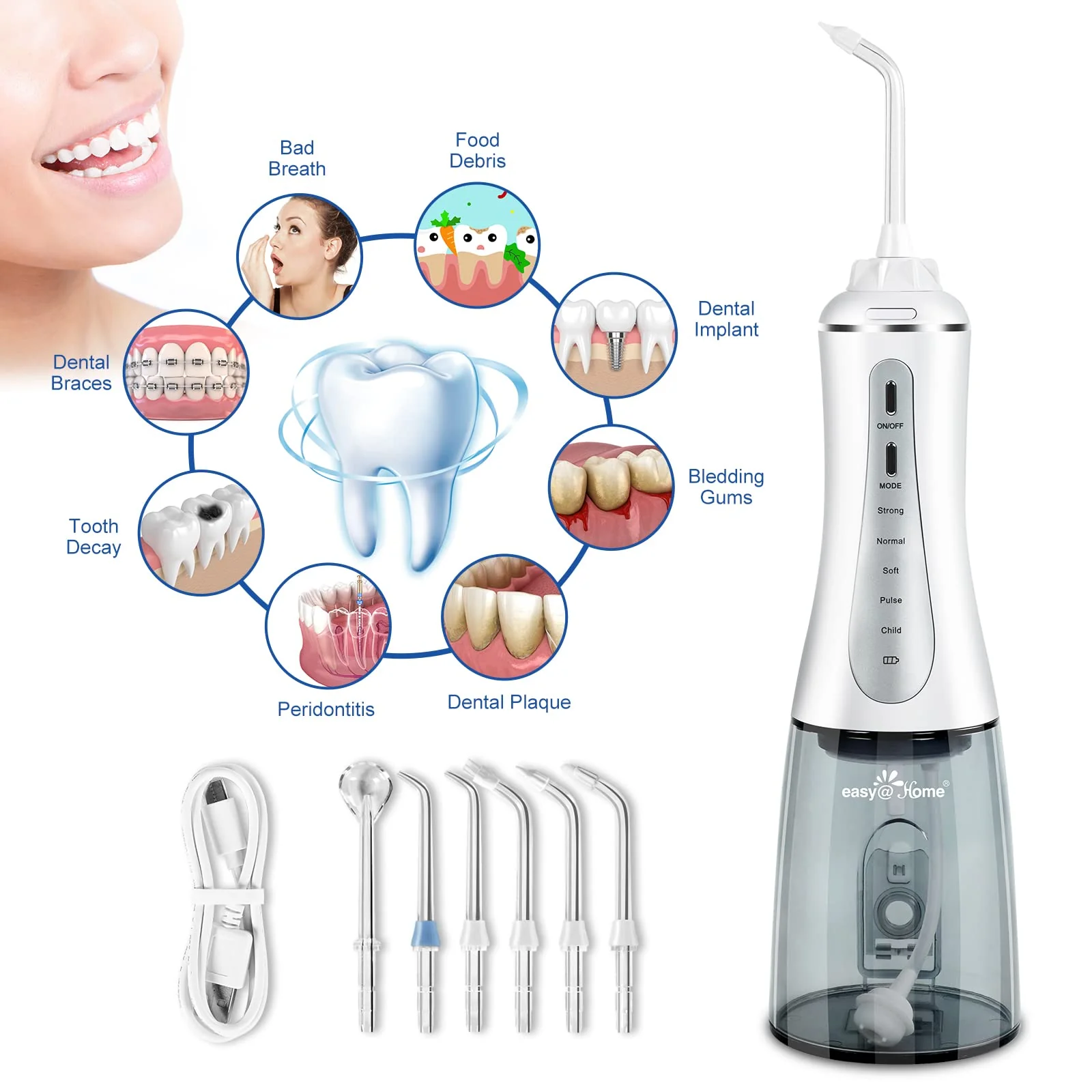 Water Dental Flosser Cordless for Teeth: Cordless Portable Easy@Home Oral Irrigator Cleaning 350ml with 5 Mode | 6 Jet Tips | Rechargeable IPX7 | Powerful Battery Life for Home Travel | EWF003 - Image 3